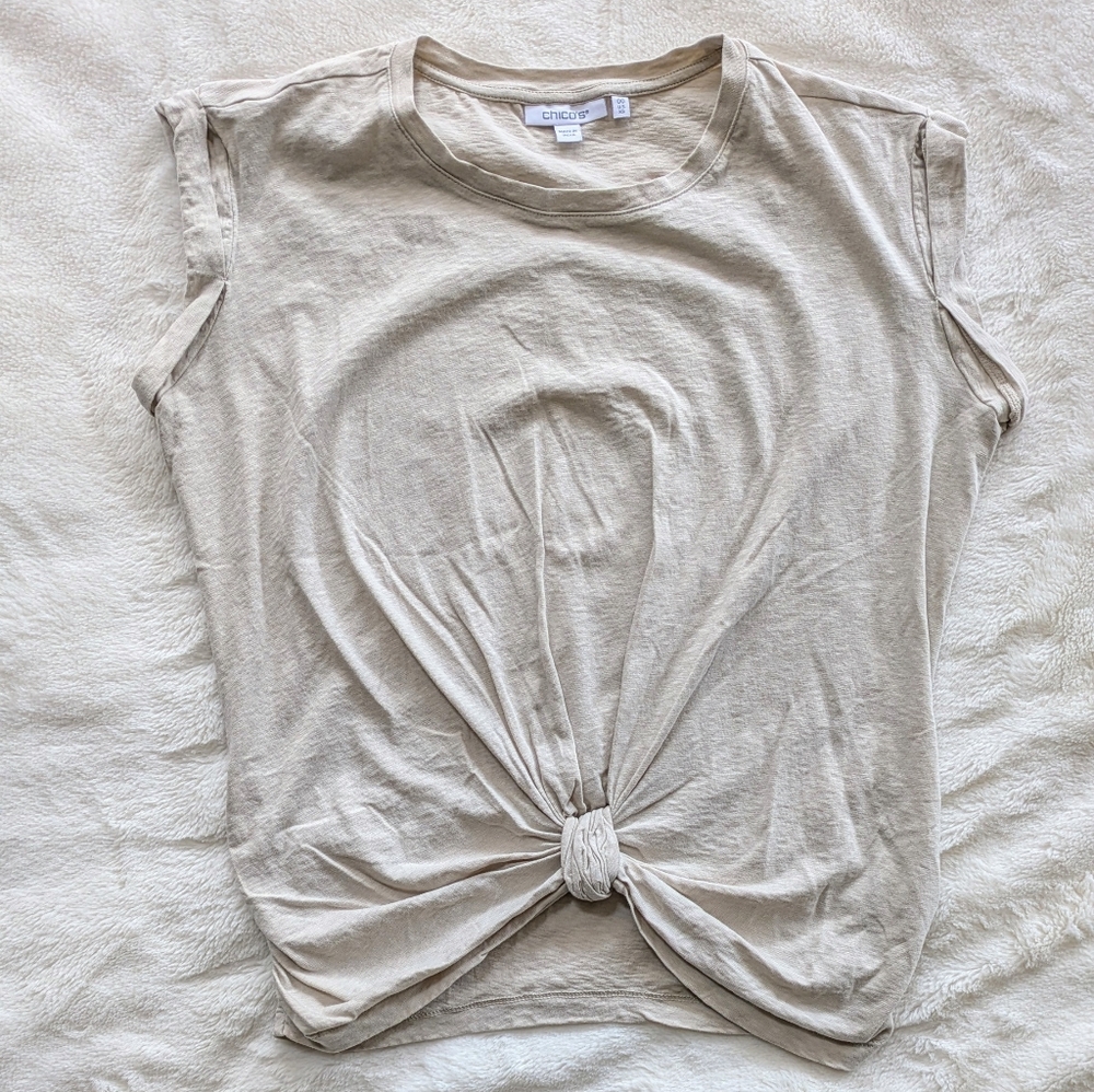 NWOT Chico's Beige Knot-Front Short Sleeve 100% Cotton Tee Size XS (Chico's 00)